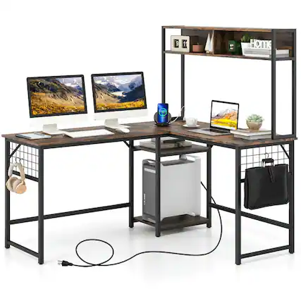 Front. Resenkos - L-shaped Desk with Power Outlet Hutch-Rustic Brown, Home Office Desks, Gaming Computer Desks for Study,Working,Writing - Brown.