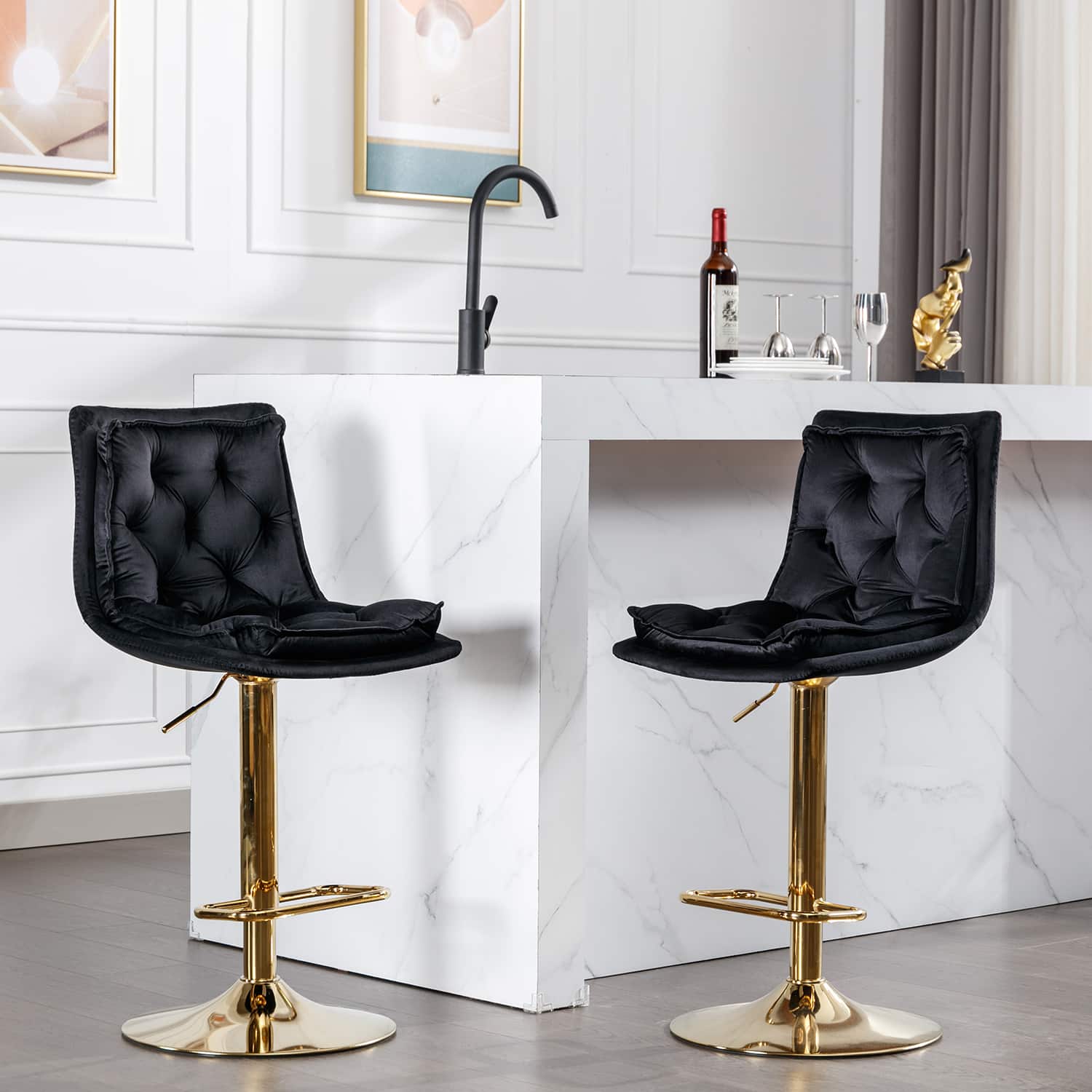 Trinkets Crazed - Bar Stools Set of 2, Swivel Bar Chairs, Adjustable Barstools Counter Height with Backrest for Kitchen Island - Black