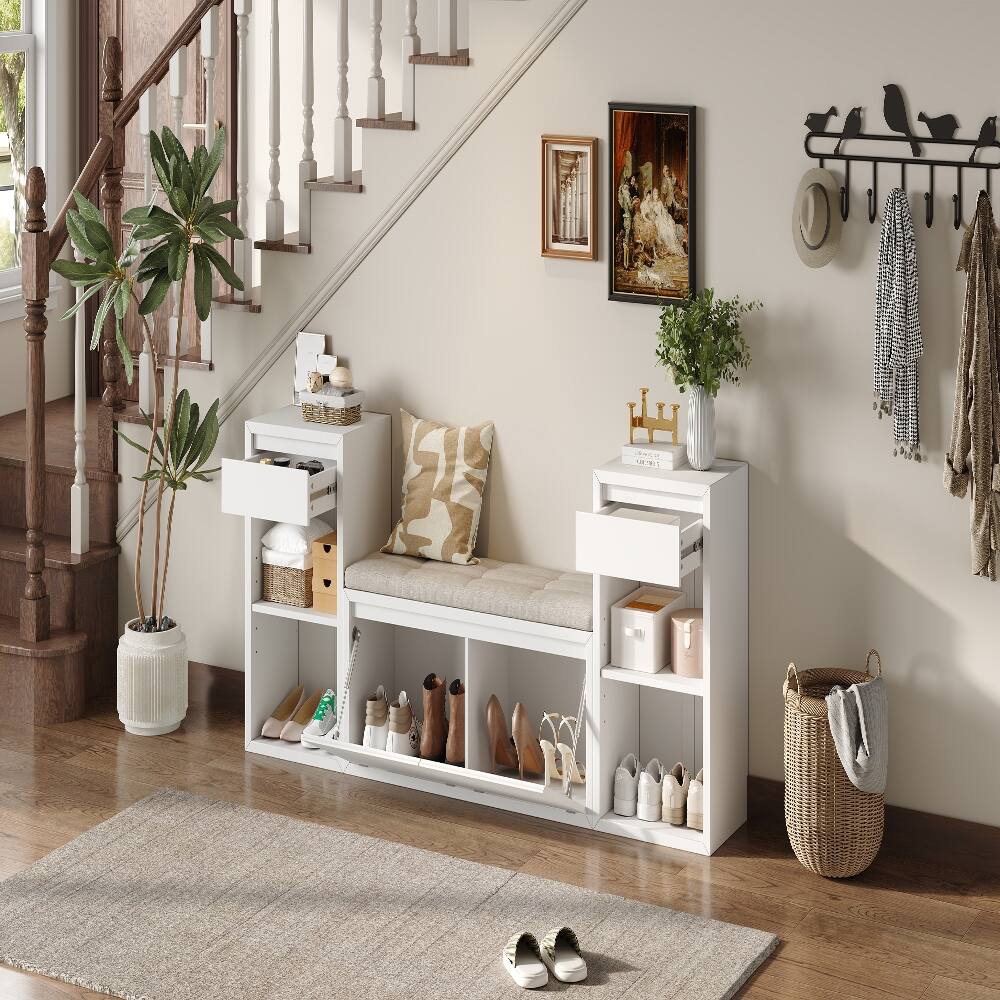Angle. Ropilly - Ropilly White Entryway Storage Bench with Cushion Drawers and Open Shoe Shelves - White.