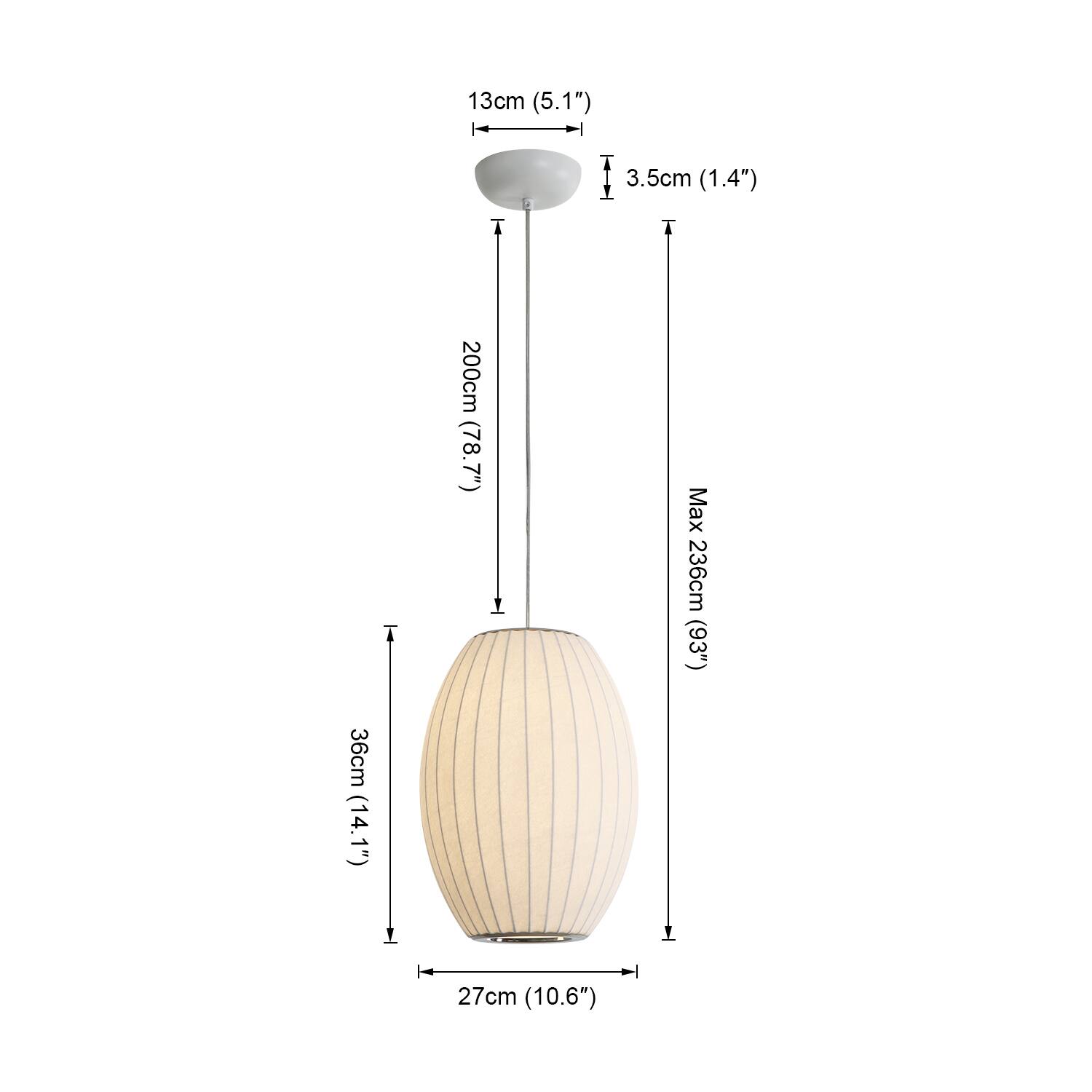 13cm (5.1")  
3.5cm (1.4")  
200cm (78.7")  
Max 236cm (93")  
36cm (14.1")  
27cm (10.6")