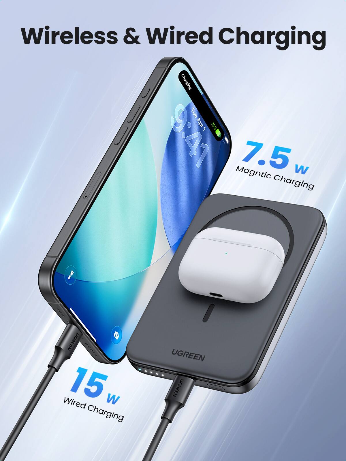 Wireless & Wired Charging

7.5 W Magnetic Charging

15 W Wired Charging

UGREEN