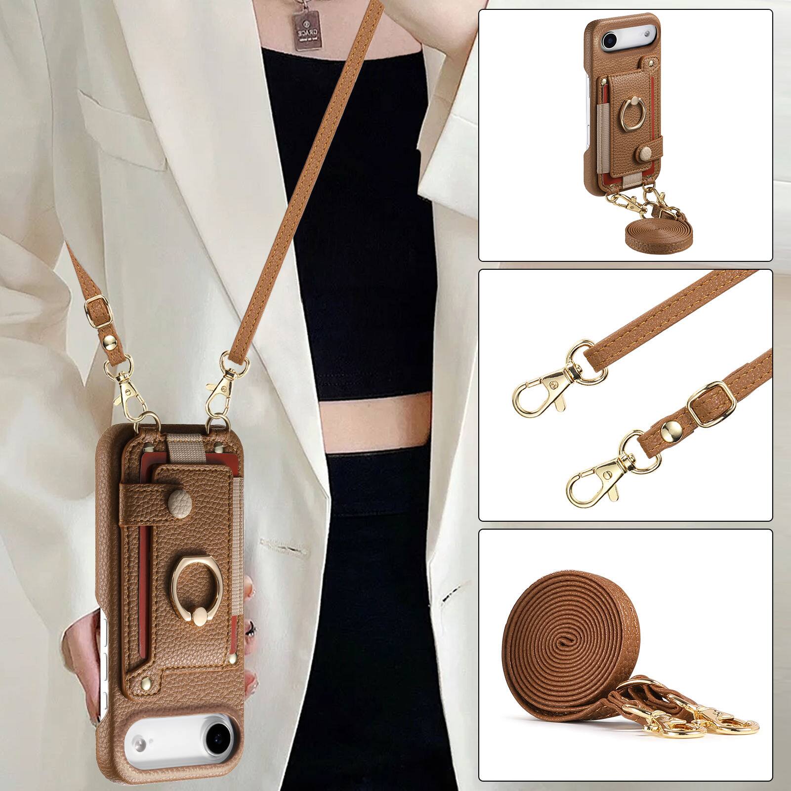Alt View 5. Dteck - Lychee Texture Wallet Case for Apple iPhone Air 2025 with Metal Ring Stand,Crossbody Faux Leather Cover with Card Holder - Brown.