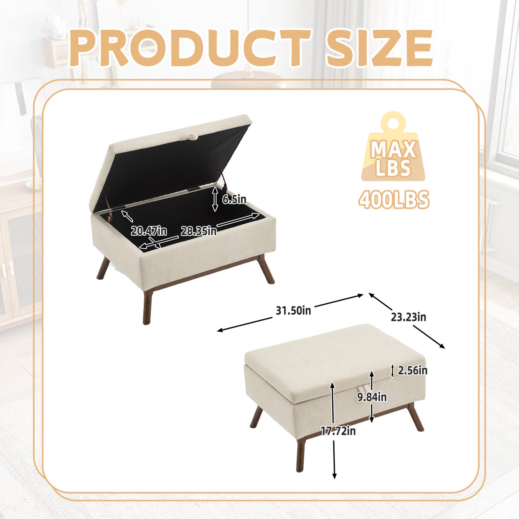 PRODUCT SIZE  
6.5in  
20.47in  
28.35in  
31.50in  
23.23in  
2.56in  
9.84in  
17.72in  

MAX LBS  
400LBS