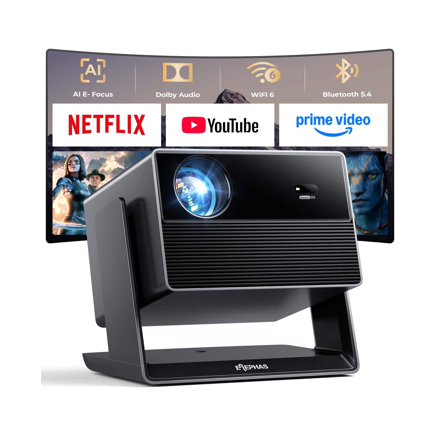 Elephas - Smart 4K Projector with WiFi and Bluetooth, 270° Rotatable, AI Auto Focus & Keystone - Black