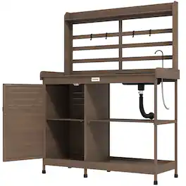 Outsunny - Potting Bench with Storage, Sink, Water Tap for Backyard, Patio, Balcony - Brown