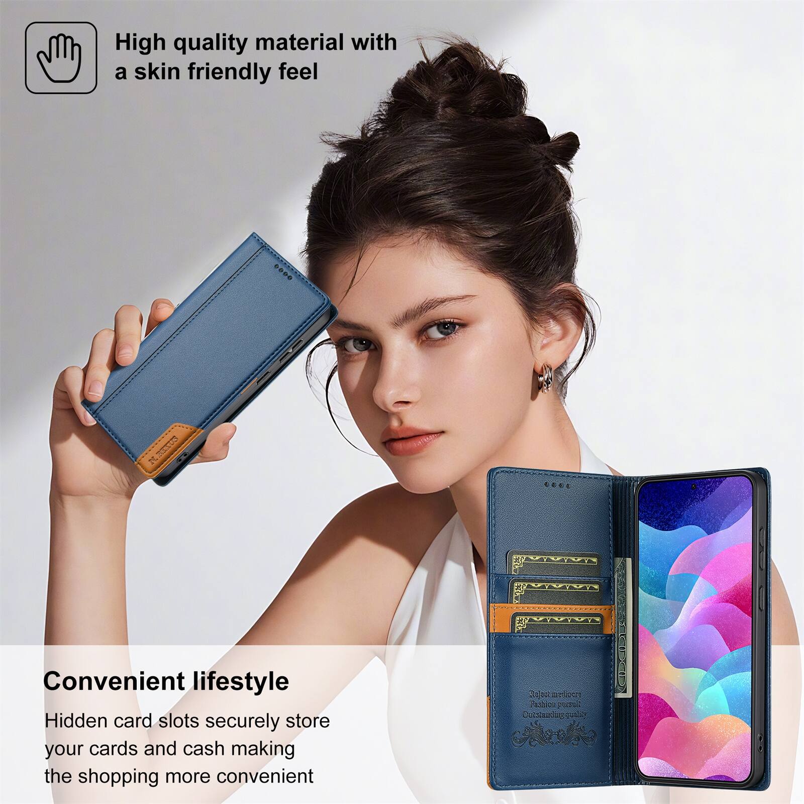 High quality material with a skin friendly feel

Convenient lifestyle
Hidden card slots securely store your cards and cash making the shopping more convenient