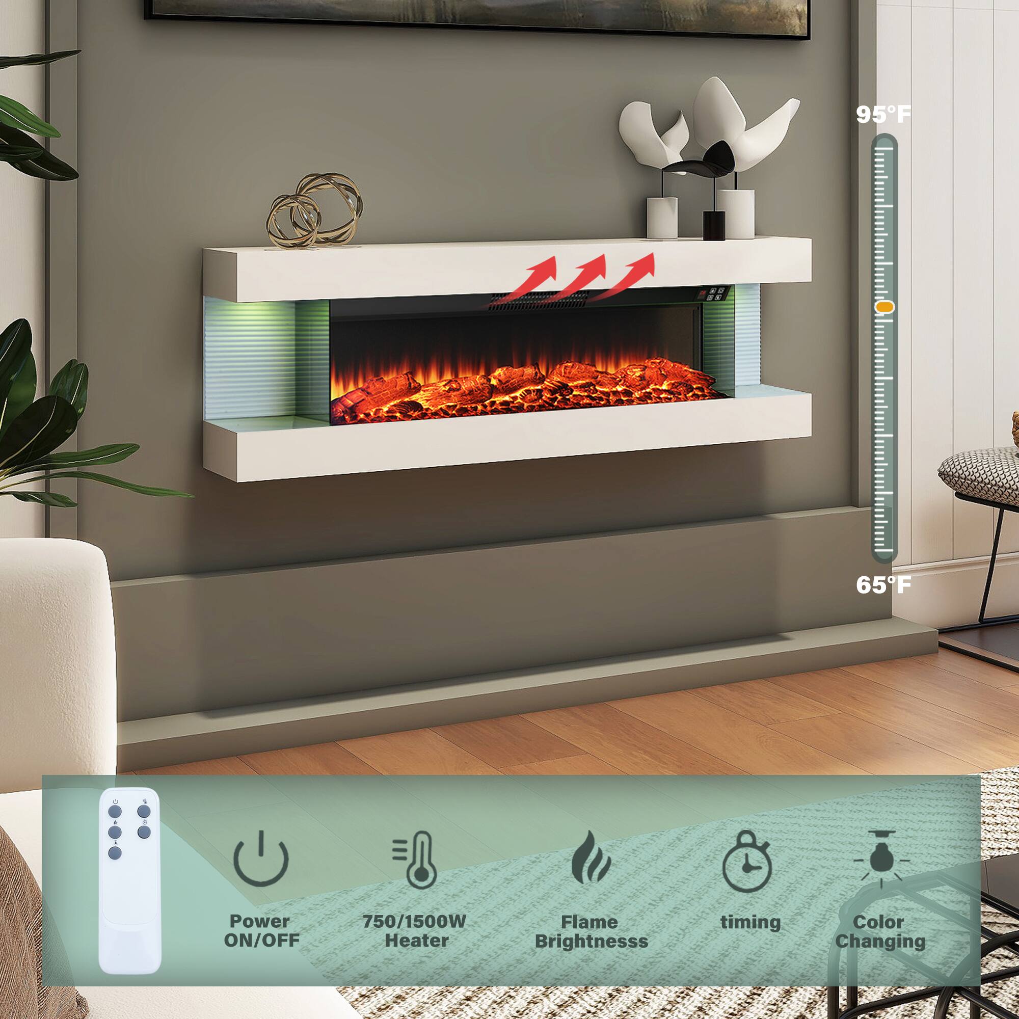 95°F : 65°F  
Power ON/OFF  
750/1500W Heater  
Flame Brightness  
Timing  
Color Changing