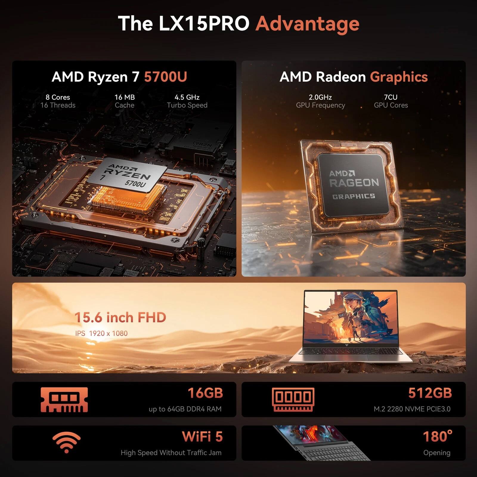 The LX15PRO Advantage

AMD Ryzen 7 5700U  
- 8 Cores  
- 16 Threads  
- 16 MB Cache  
- 4.5 GHz Turbo Speed  

AMD Radeon Graphics  
- 2.0GHz GPU Frequency  
- 7CU GPU Cores  

15.6 inch FHD IPS  
- 1920 x 1080  

16GB up to 64GB DDR4 RAM  
512GB M.2 2280 NVME PCIE3.0  
WiFi 5 High Speed Without Traffic Jam  
180° Opening