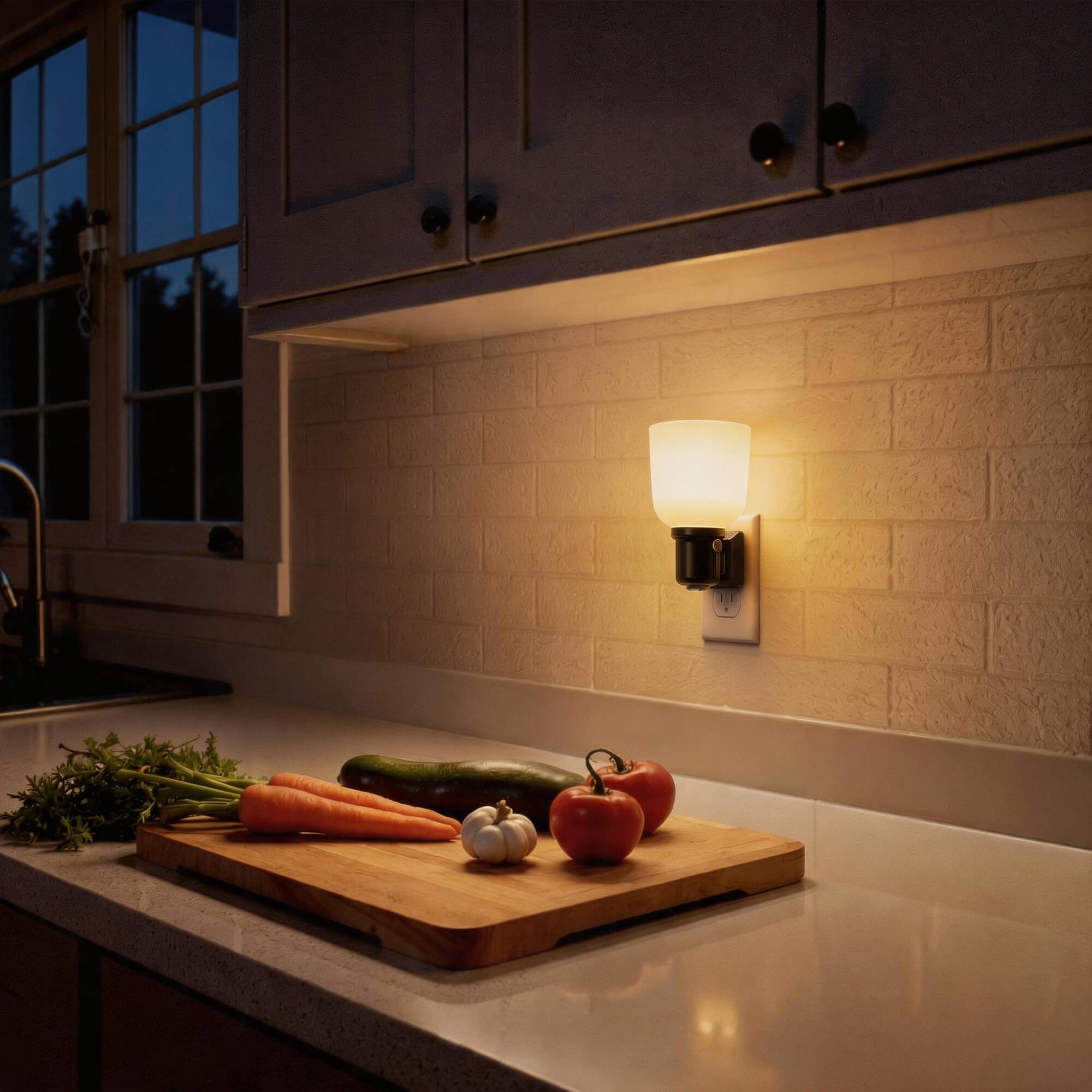 Back. Jandcase - JANDCASE 1W  Plug-in Night Light, 3000K Warm Glow, Wine Glass Design, Slide Dimmer 0-100%, Dusk-to-Dawn Sensor - Black.