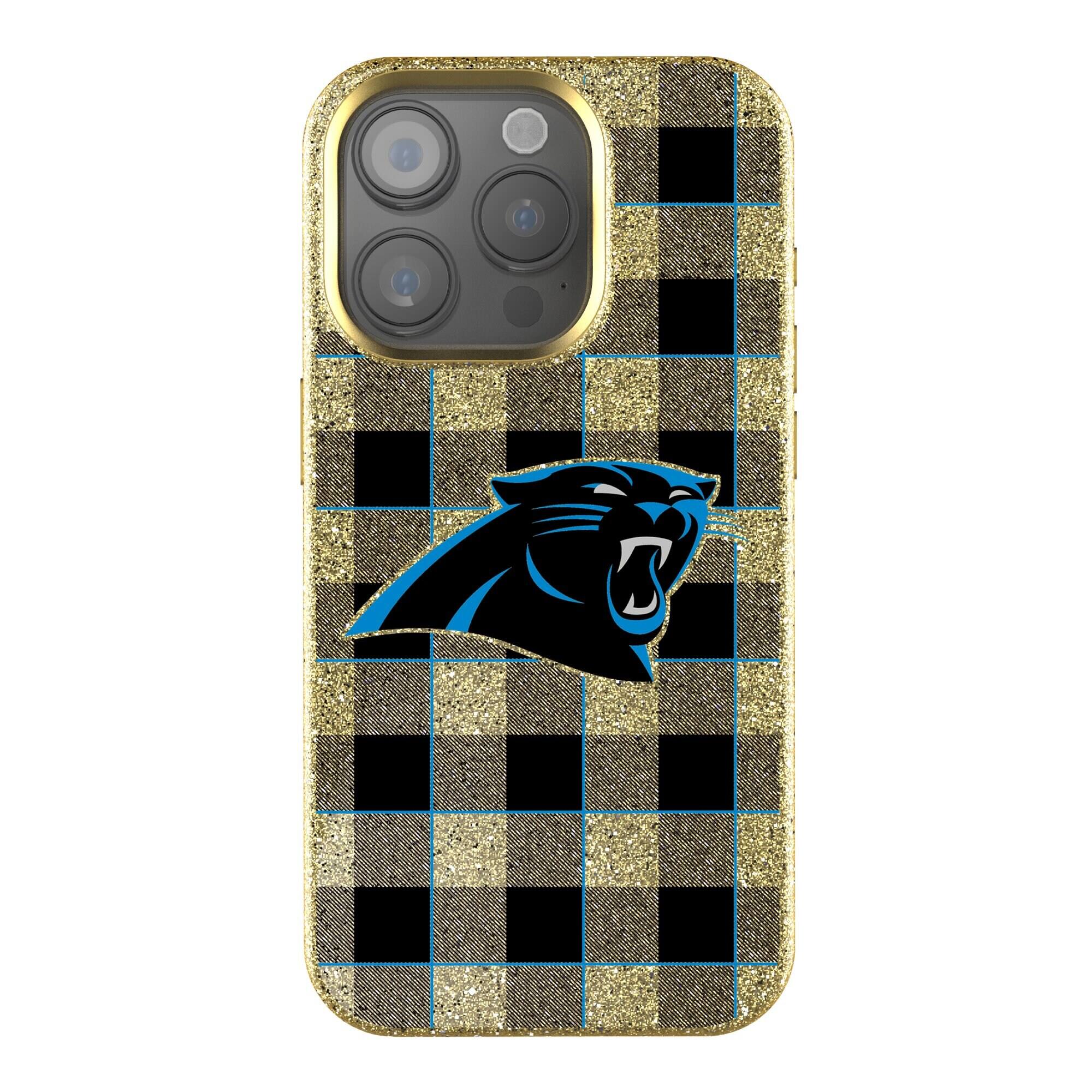 Front. Keyscaper - Carolina Panthers Plaid Bling iPhone Case - 16 Pro Max - Gold.