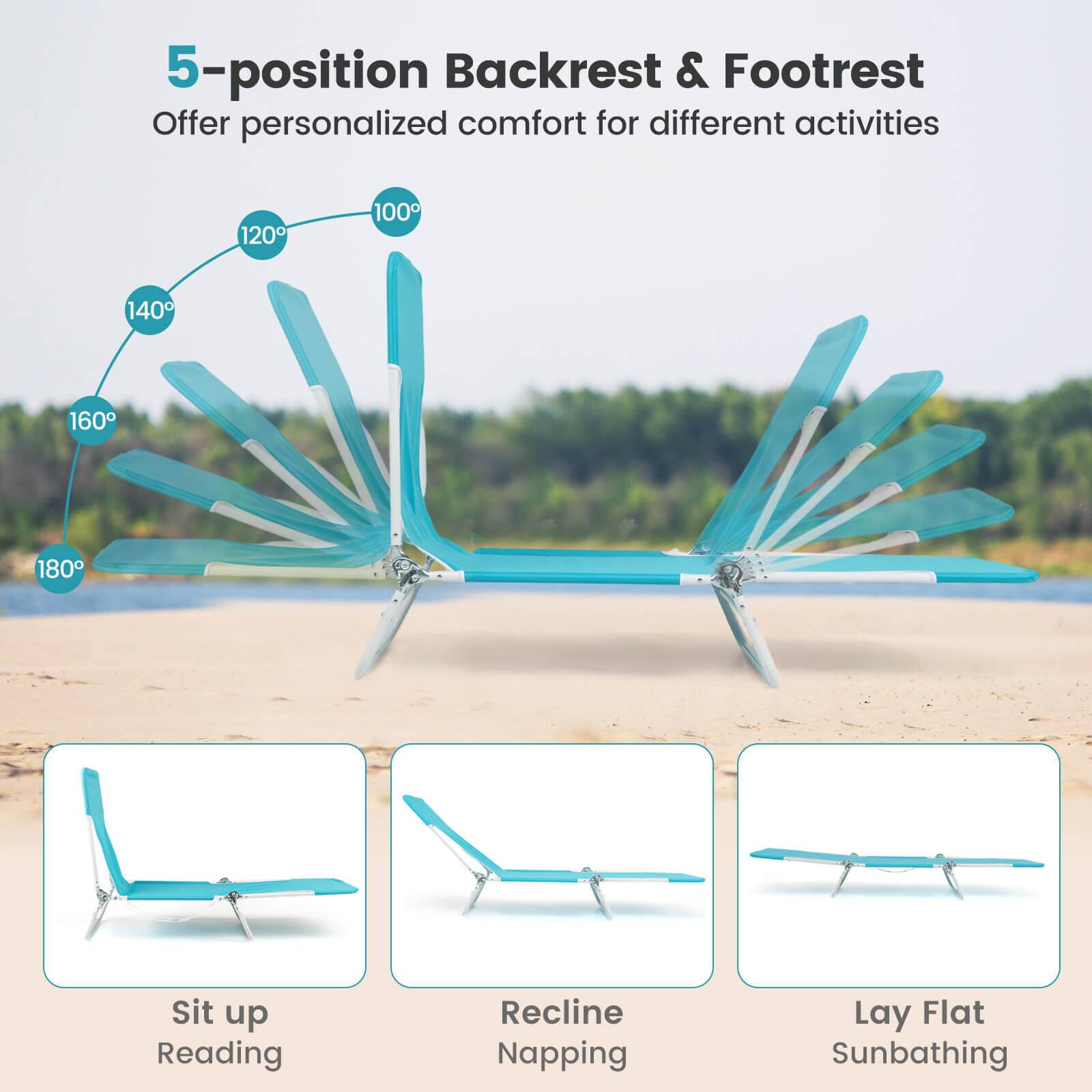 5-position Backrest & Footrest  
Offer personalized comfort for different activities  

120° Sit up Reading  
100° Recline Napping  
140°  
160°  
180° Lay Flat Sunbathing