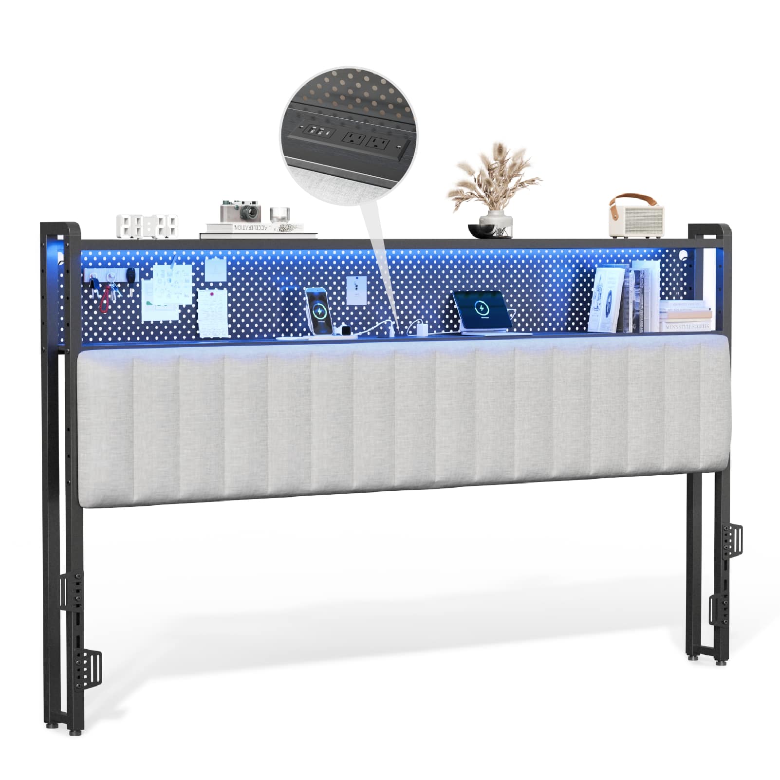 Winado - King Size Adjustable Upholstered Headboard Only with 2 Tier Shelves and Pegboard with Charging Stations and LED Lights - Linen & Light Gray