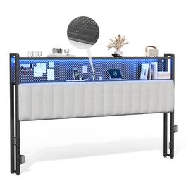 Winado - King Size Adjustable Upholstered Headboard Only with 2 Tier Shelves and Pegboard with Charging Stations and LED Lights - Linen & Light Gray