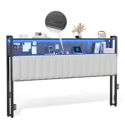 Front. Winado - King Size Adjustable Upholstered Headboard Only with 2 Tier Shelves and Pegboard with Charging Stations and LED Lights - Linen & Light Gray.