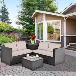 Costway - 4PCS Outdoor Patio Rattan Furniture Set Cushioned Loveseat Storage Table - Brown