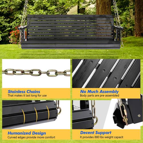 Stainless Chains  
That makes it last long for use  

No Much Assembly  
Body parts are pre-assembled  

Humanized Design  
Curved edges provide more comfort  

Decent Support  
It provides 880 lbs weight capacity