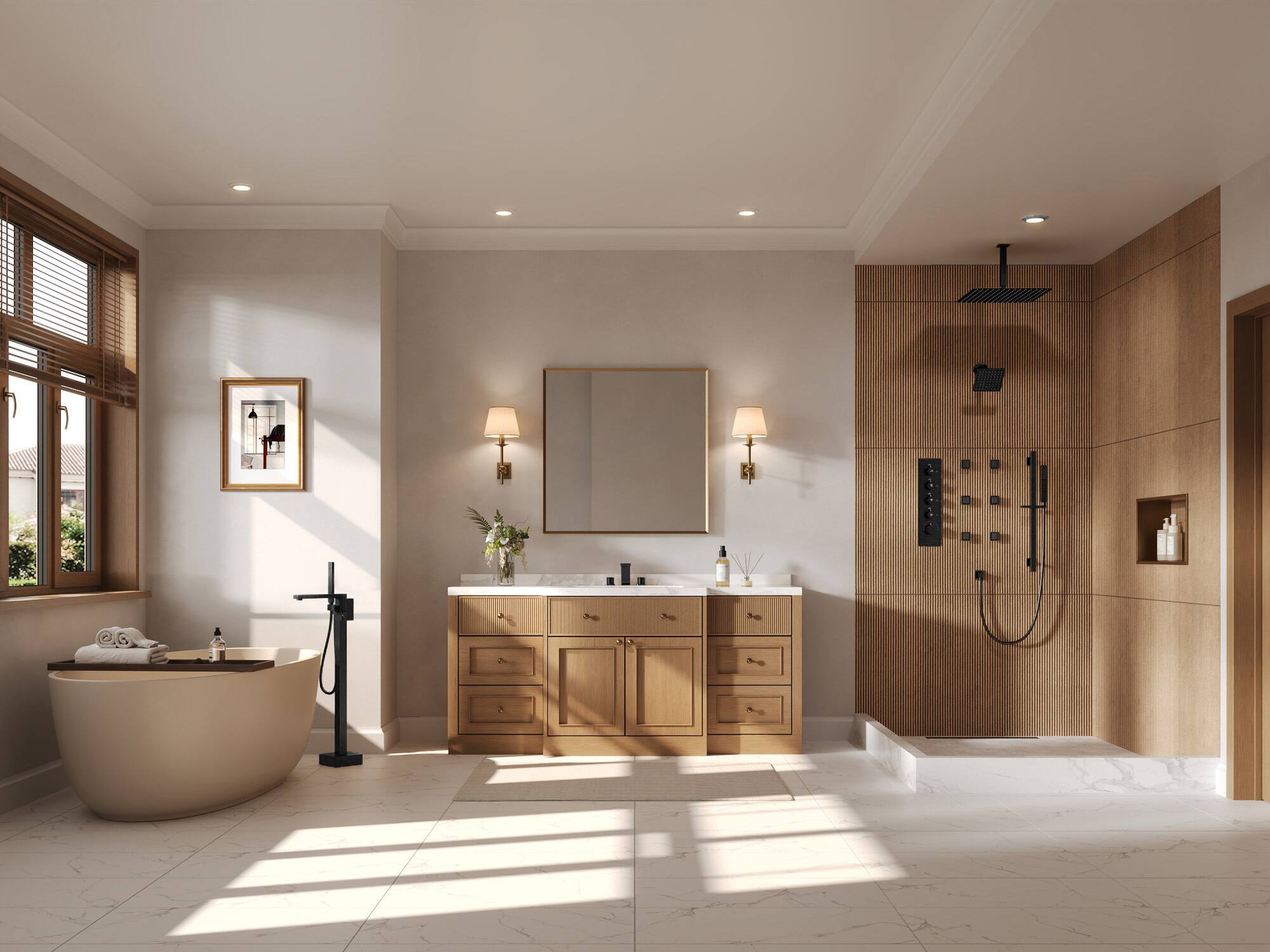 Left. GRANDJOY - 16" Thermostatic Shower System with Dual Rainfall Shower Heads, Handheld Sprayer, and Six Body Jets for Luxury Bathroom - Matte Black.