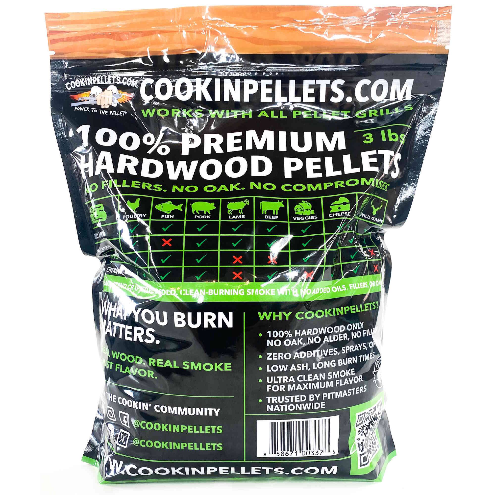 COOKINPELLETS.COM  
WORKS WITH ALL PELLET GRILLS  
100% PREMIUM HARDWOOD PELLETS  
NO FILLERS. NO OAK. NO COMPROMISES.  

POULTRY FISH PORK LAMB BEEF CHEESE WILD VEGGIES GAME  
X X X X X X  

WHAT YOU BURN MATTERS.  
REAL WOOD. REAL SMOKE. REAL FLAVOR.  

WHY COOKINPELLETS?  
100% HARDWOOD ONLY  
NO OAK, NO ALDER, NO SPRAYS, NO ADDITIVES  
LOW ASH, LONG BURN TIMES  
ULTRA CLEAN SMOKE FOR MAXIMUM FLAVOR  
TRUSTED BY PITMASTERS NATIONWIDE  

THE COOKIN' COMMUNITY  
@COOKINPELLETS  
@COOKINPELLETS  

COOKINPELLETS.COM