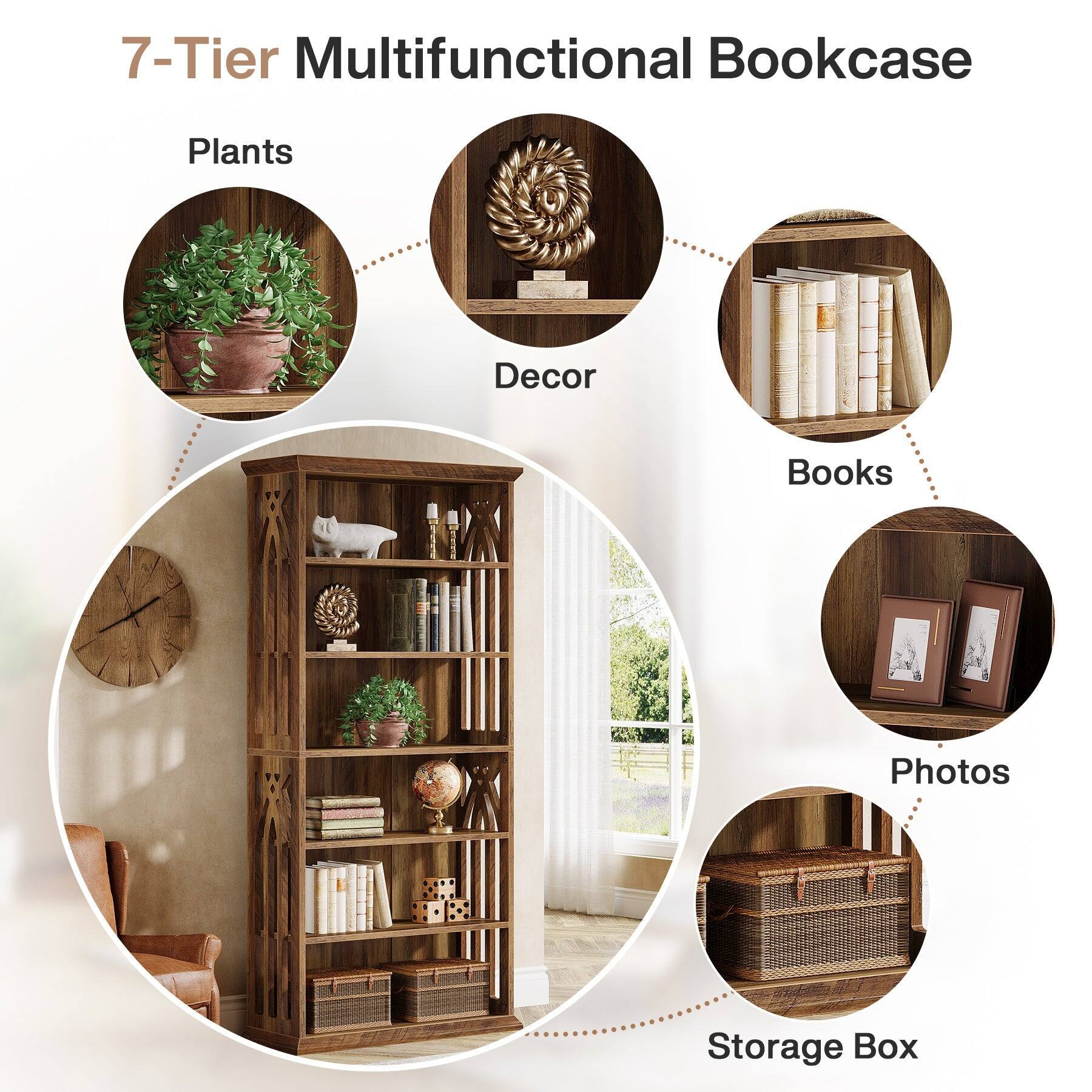 7-Tier Multifunctional Bookcase

- Plants
- Decor
- Books
- Photos
- Storage Box