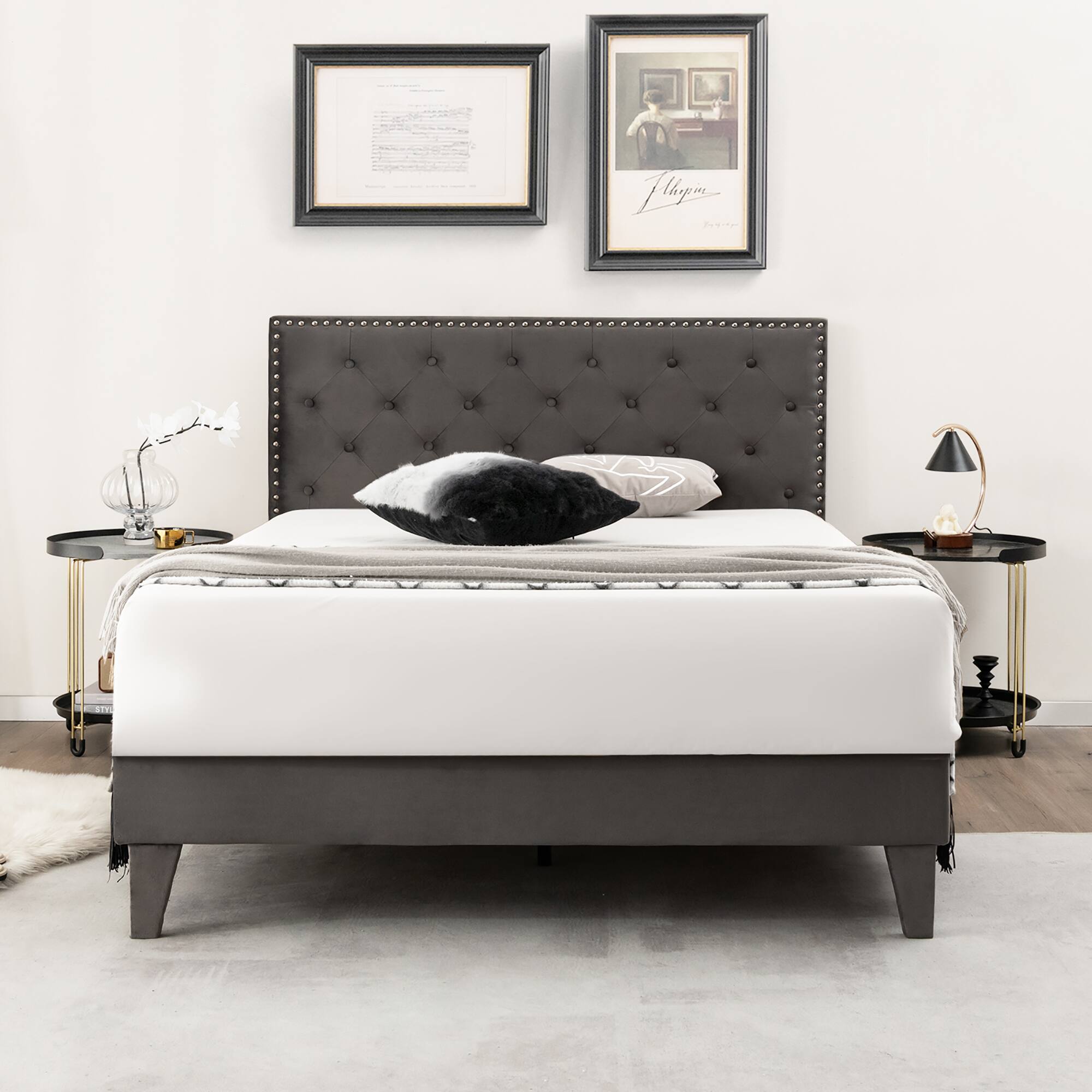 Alt View 1. Costway - Costway Full Bed Frame Upholstered Platform Bed with Tufted Headboard Mattress Foundation - Grey.