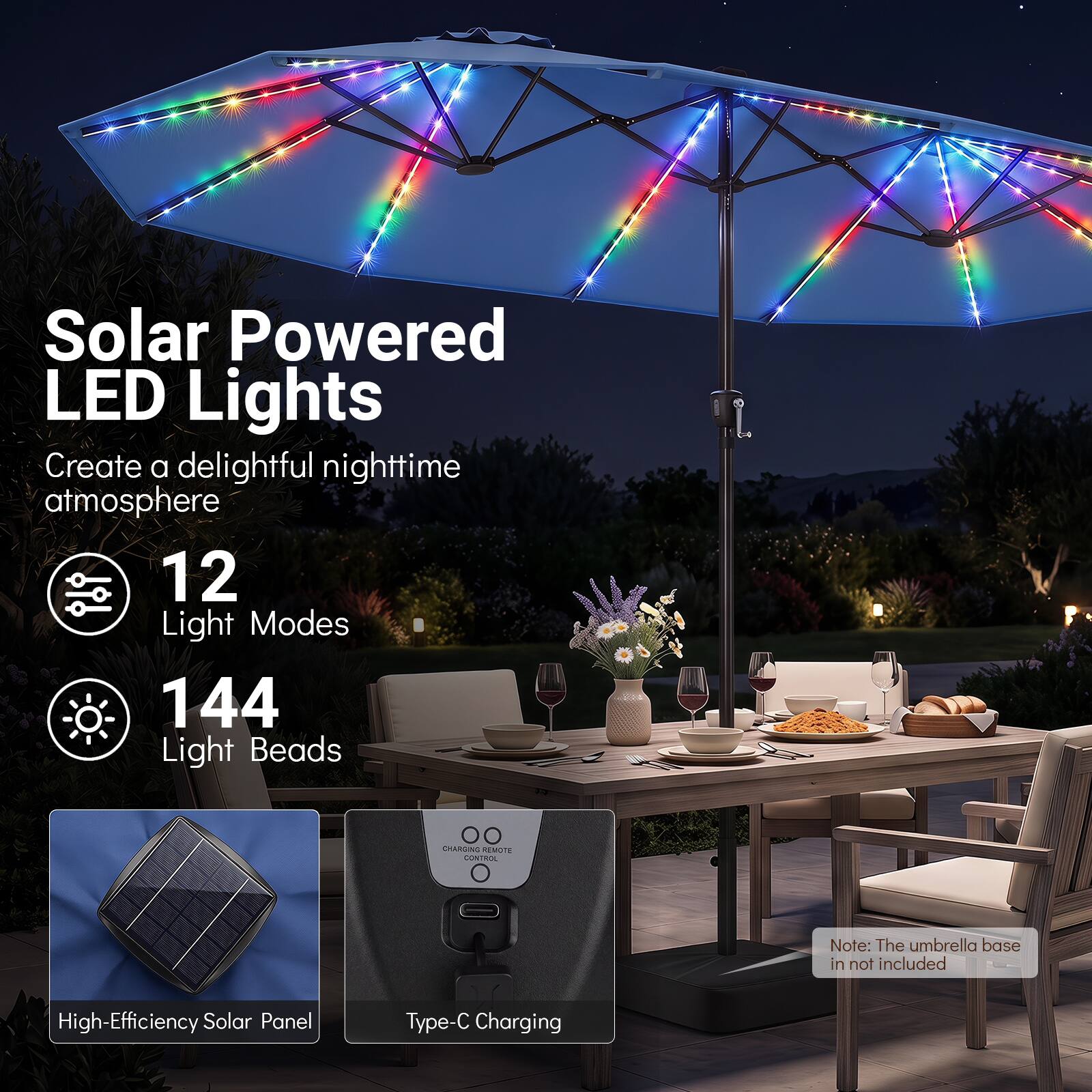 Solar Powered LED Lights  
Create a delightful nighttime atmosphere  
12 Light Modes  
144 Light Beads  

00 CHARGING REMOTE CONTROL  

Note: The umbrella base is not included  

High-Efficiency Solar Panel  
Type-C Charging