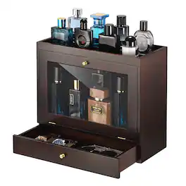 Unique Bargains - Wood Perfume Organizer for Men with Velvet Lining Drawer, Dustproof Display Stand for Perfume, Watch, Jewelry - Walnut