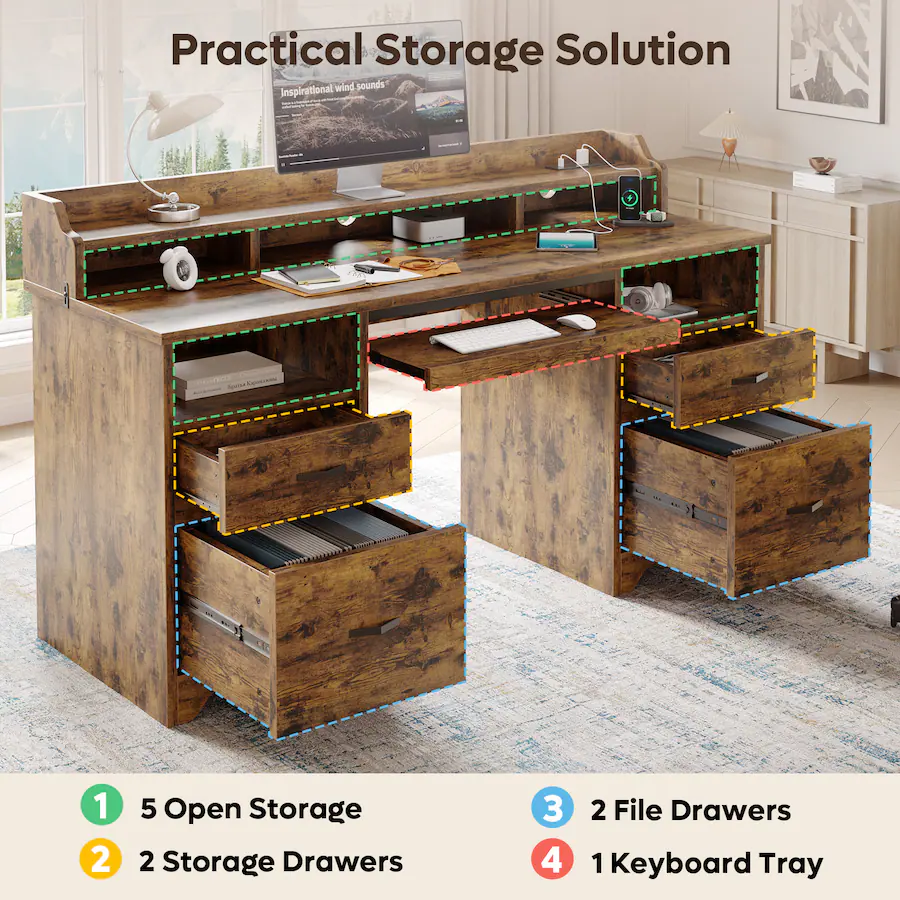 Bestier 59" Computer Desk with Charging Station, Lockable Drawers ...