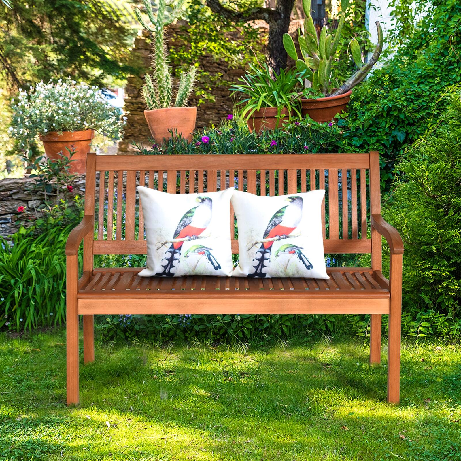 Alt View 2. SlickBlue - Two-Person Solid Wood Garden Bench with Curved Backrest and Wide Armrests - Natural.