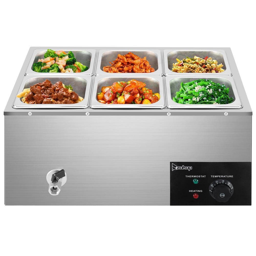 Winado - 19.2QT 6 Pan Commercial Food Warmer 3.2QT/Pan Electric Steam Table Stainless Steel Buffet Bain Marie 1200W 110V - Silver