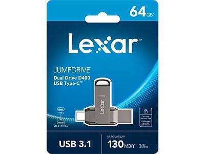 Lexar  
JUMPDIVE  
Dual Drive D400  
USB Type-C™  

64GB  

USB 3.1  

Up to 130 MB/s  

Read: 130 MB/s