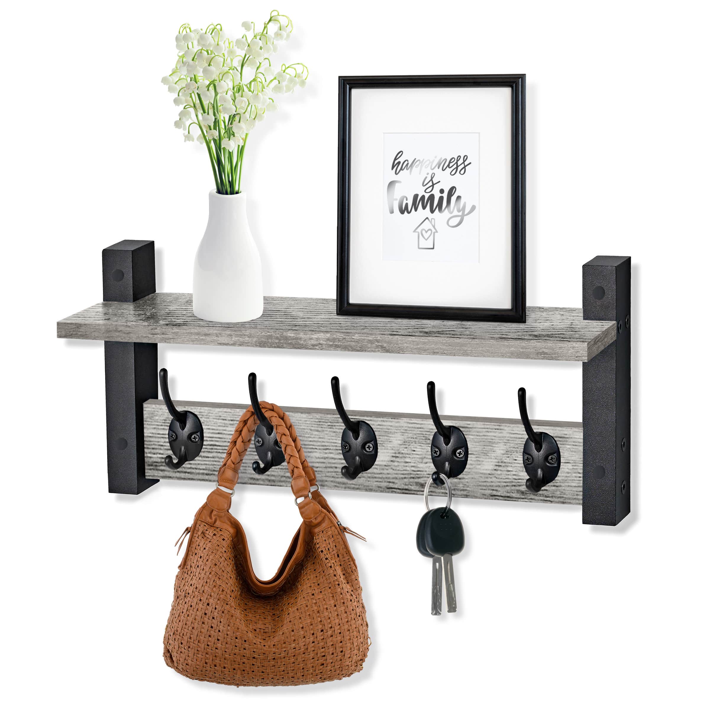 Sorbus - Coat Hooks Wall Mount with Shelf, 16 Inch Coat Rack Wall Mount with 5 Heavy Duty Hooks, Floating Wall Shelf - Gray