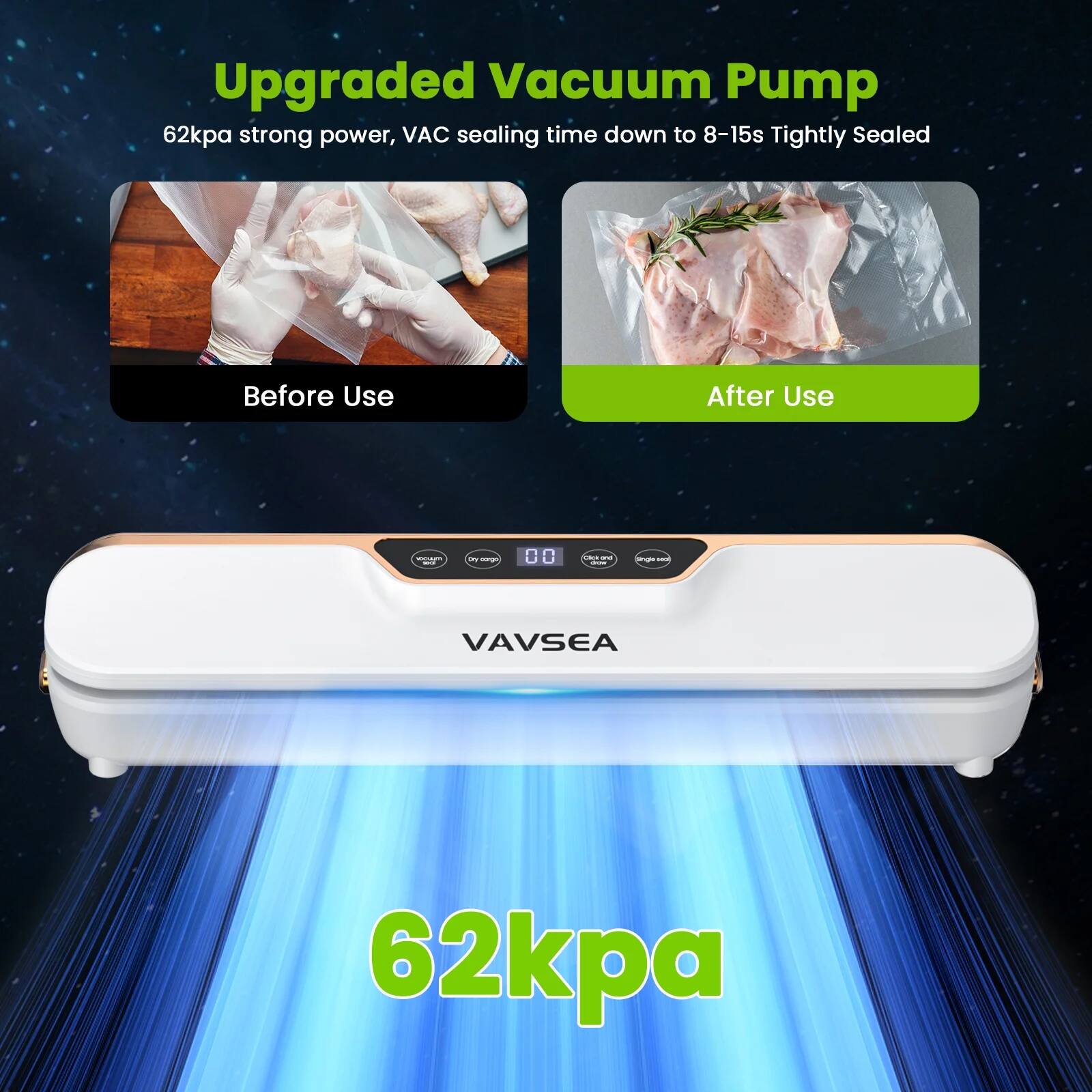 Upgraded Vacuum Pump  
62kpa strong power, VAC sealing time down to 8-15s  
Tightly Sealed  

Before Use  
After Use  

VAVSEA  

62kpa