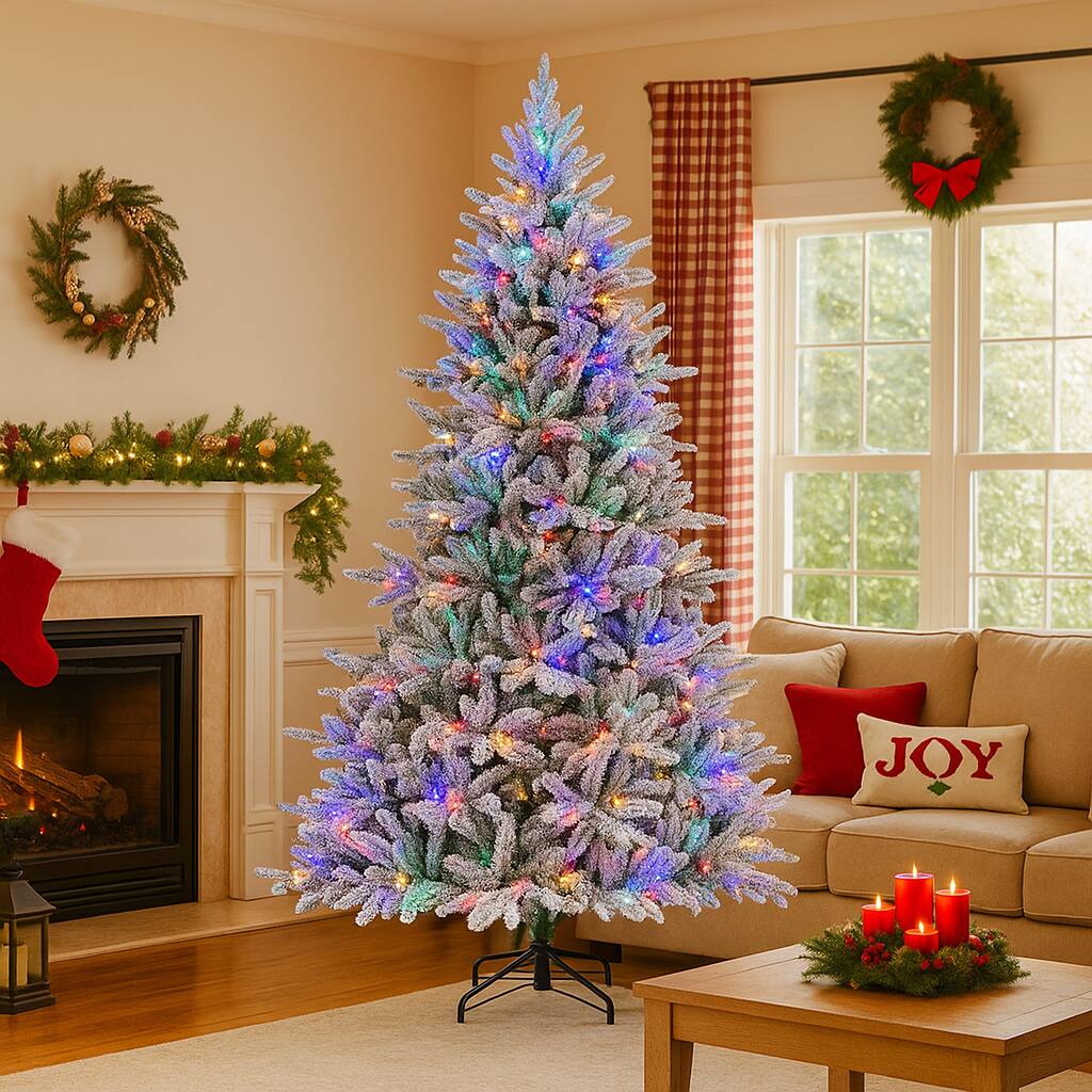 Front. BreeBe - Flocked Holiday Tree with 8 Lighting Modes – 4.5/6/7ft and Multicolor LEDs - Green.