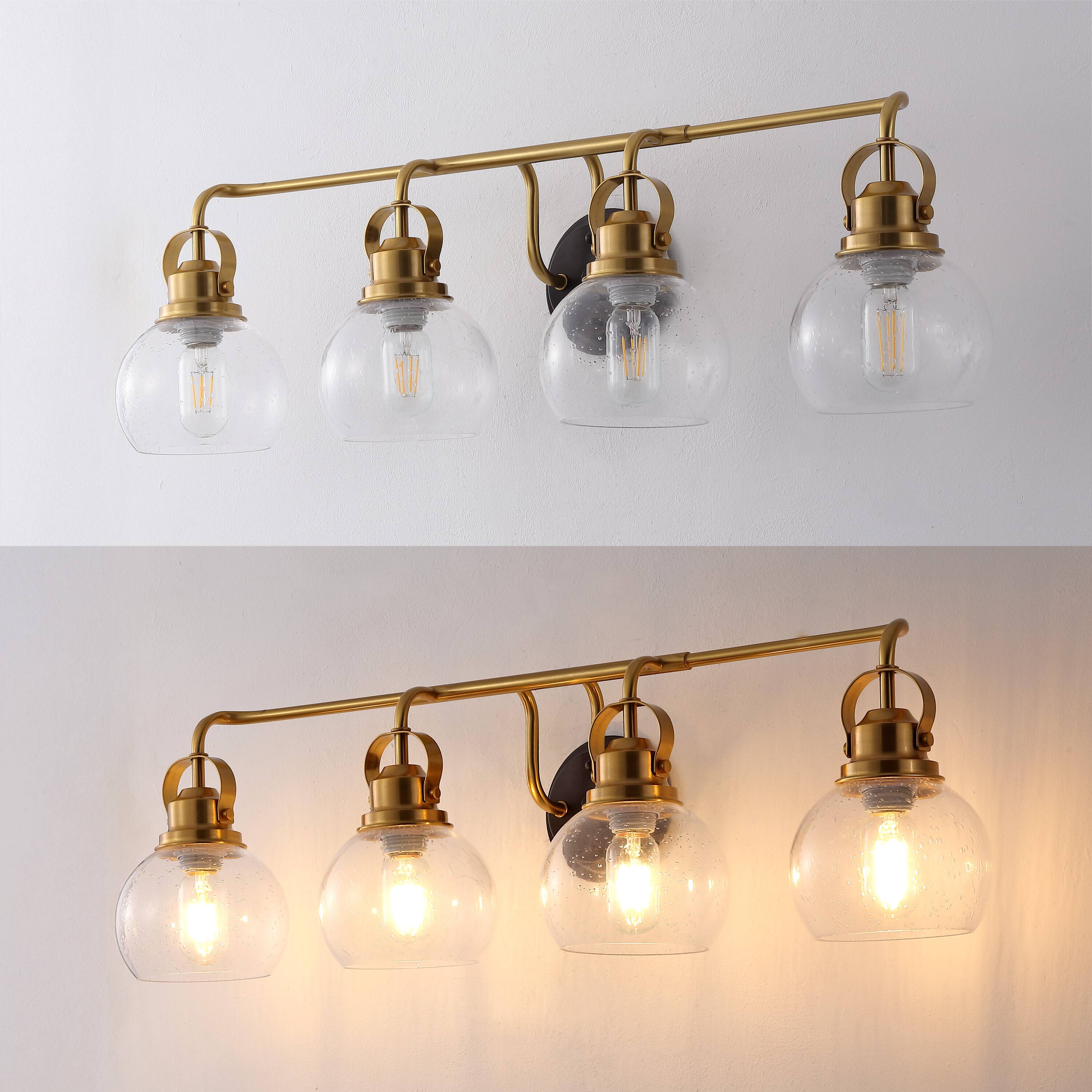 Alt View 4. Jonathan Y - Shirley 34" 4-light Farmhouse Metal LED Vanity Light with Seeded Glass Globe Shades, Brass Gold/Oil Rubbed Bronze - Brass Gold/Oil Rubbed Bronze.