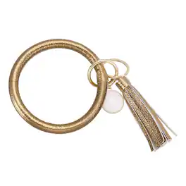 Unique Bargains - PU Leather Circle Wristlet Keychain, Tassel Pendant Round Bangle Keyring Bracelet Holder for Women Car Keys, 1pc - Light Brown