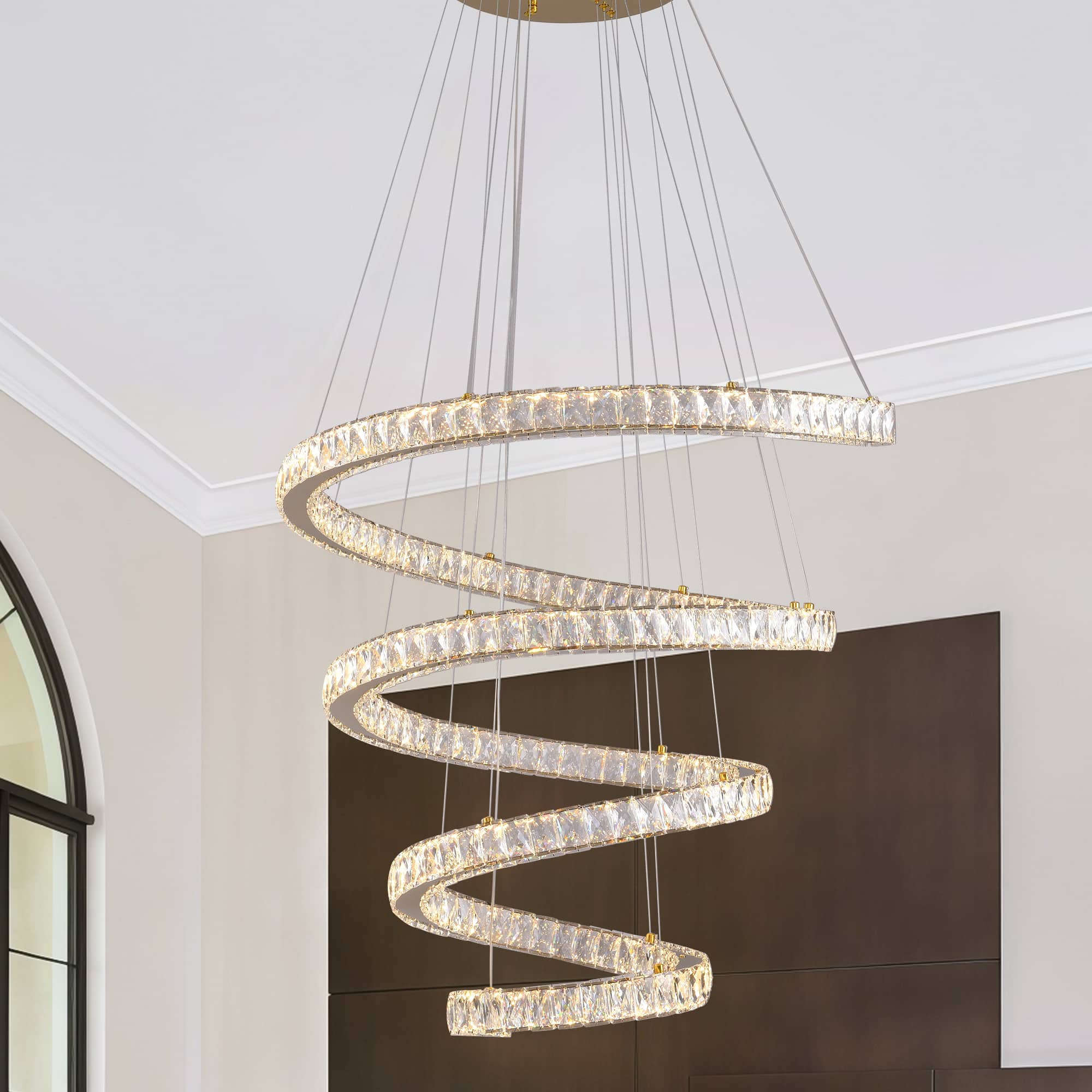 RYHNUYNE - Gold Spiral Crystal LED Chandelier, 31.5" Smart Dimmable Adjustable Ceiling Light Fixture for Dining Room High Ceilings