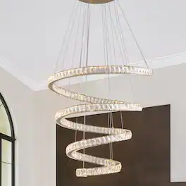 RYHNUYNE - Gold Spiral Crystal LED Chandelier, 31.5" Smart Dimmable Adjustable Ceiling Light Fixture for Dining Room High Ceilings