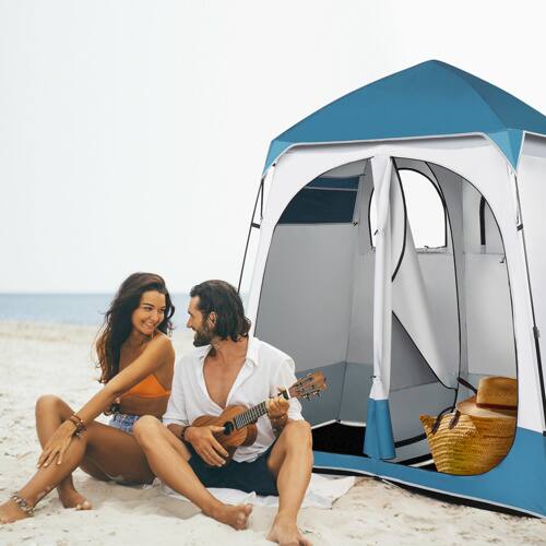 Alt View 4. Winado - 7.5FT Camping Dressing 2-Room Shower Tent Pop Up Shelter with Carrying Bag Privacy Changing Room Portable Toilet Outdoor - Blue & White.