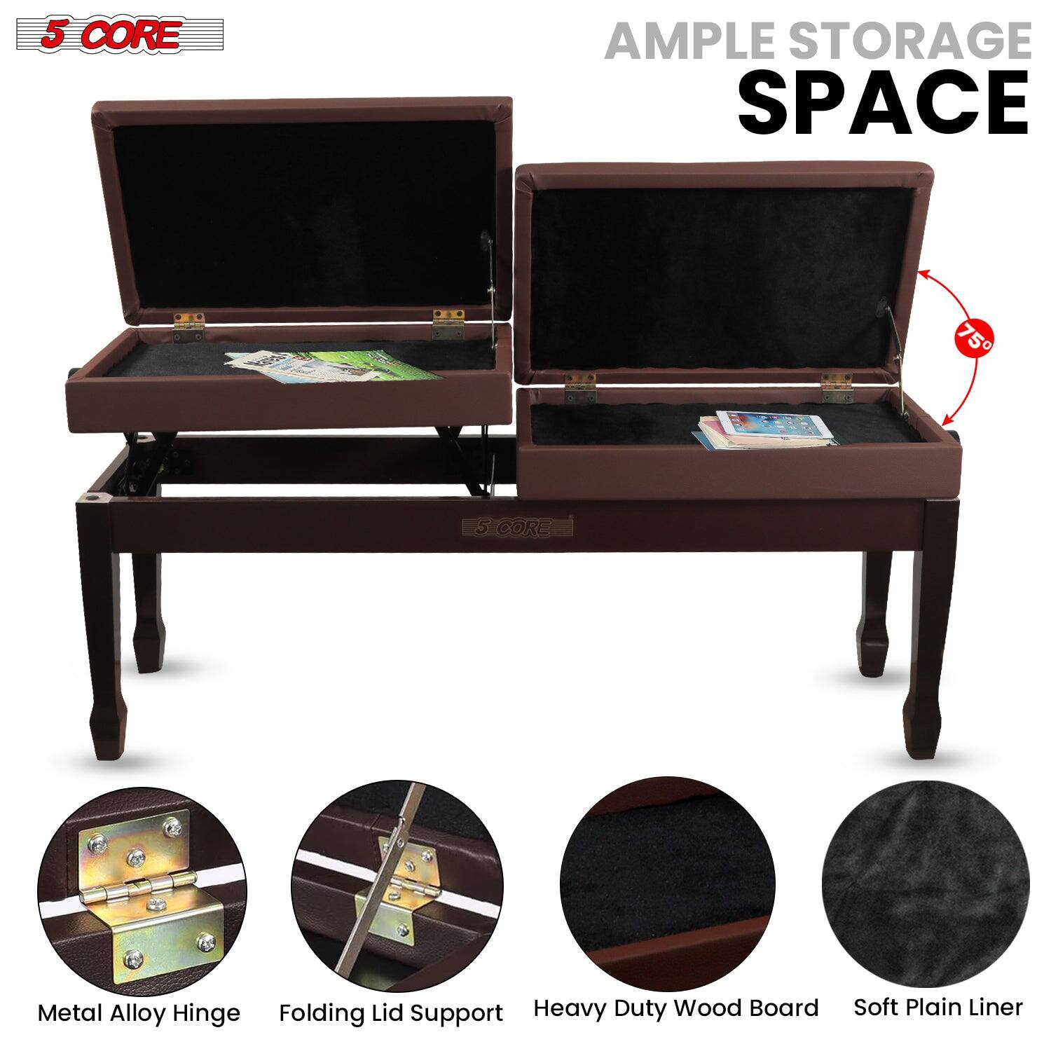 5 CORE, AMPLE STORAGE SPACE, Metal Alloy Hinge, Folding Lid Support, Heavy Duty Wood Board, Soft Plain Liner