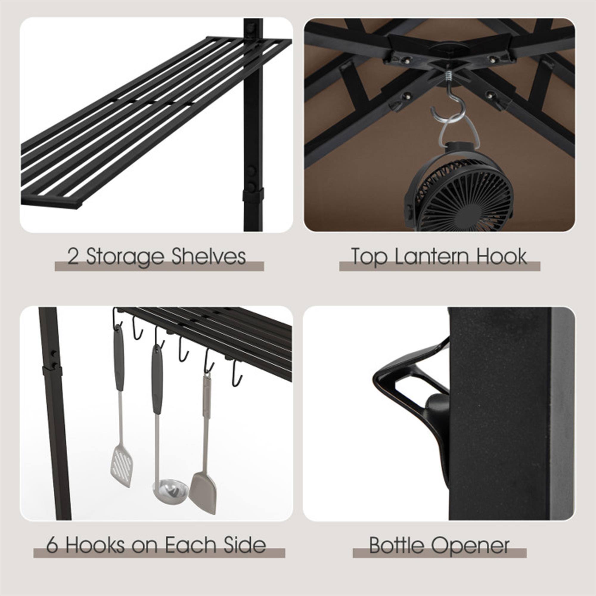 2 Storage Shelves  
Top Lantern Hook  
6 Hooks on Each Side  
Bottle Opener
