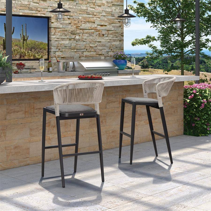 Alt View 2. PURPLE LEAF - Outdoor Bar Stool Set of 2 Rattan Bar Stools with Back Metal Bar Height Stool Outdoor Bar Chair for Garden Kitchen - Dark Grey-Bar Height.