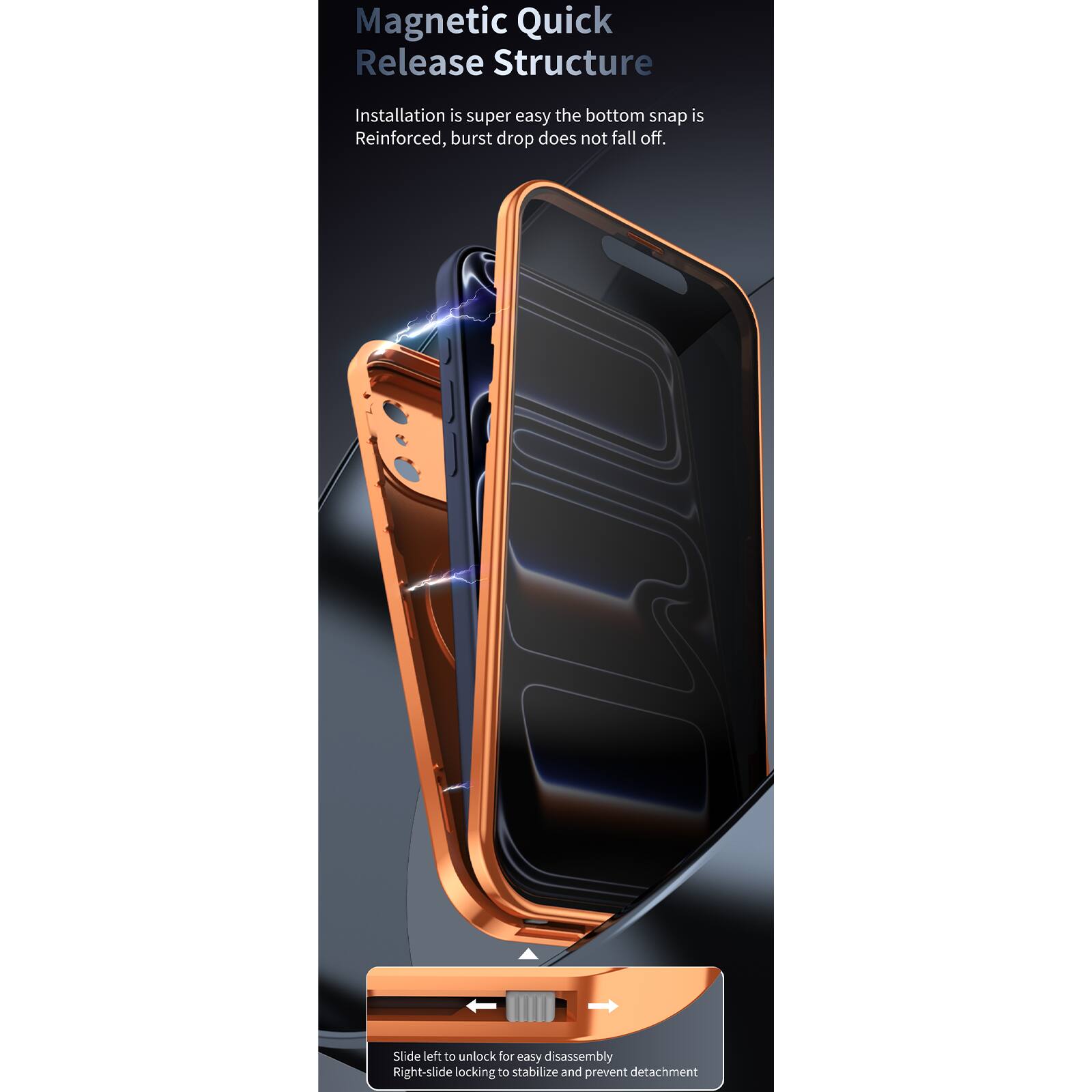 Magnetic Quick Release Structure

Installation is super easy the bottom snap is Reinforced, burst drop does not fall off.

Slide left to unlock for easy disassembly Right-slide locking to stabilize and prevent detachment