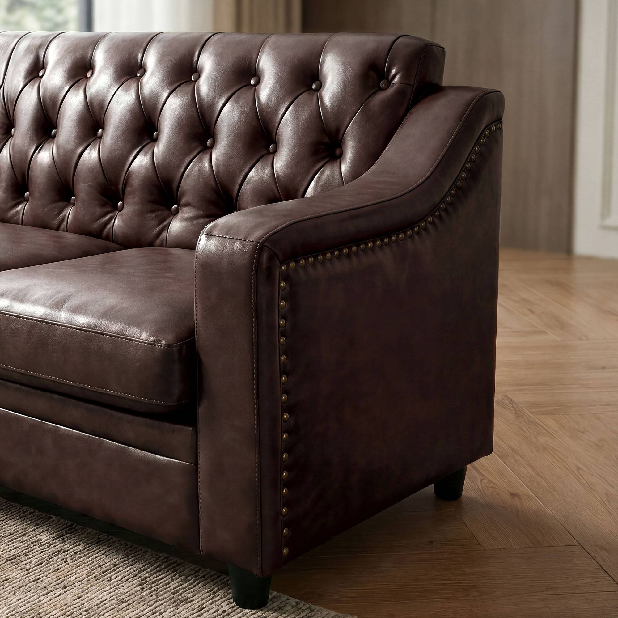 Alt View 2. Dyonery - Dyonery 78.7" Three Seater Sofa, Chesterfield Sofa, Mid-Century Modern PU Upholstered, Deep Button Tufted Sofa,Brown - Brown.