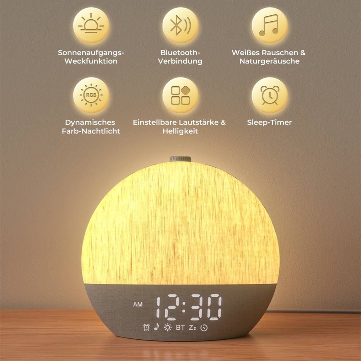 Sure, here is the corrected and grouped text from the image:

- Sonnenaufgangs-Weckfunktion
- Bluetooth-Verbindung
- Weißes Rauschen & Naturgeräusche
- Dynamisches Farb-Nachtlicht
- Einstellbare Lautstärke & Helligkeit
- Sleep-Timer

AM 12:30 BT Zz