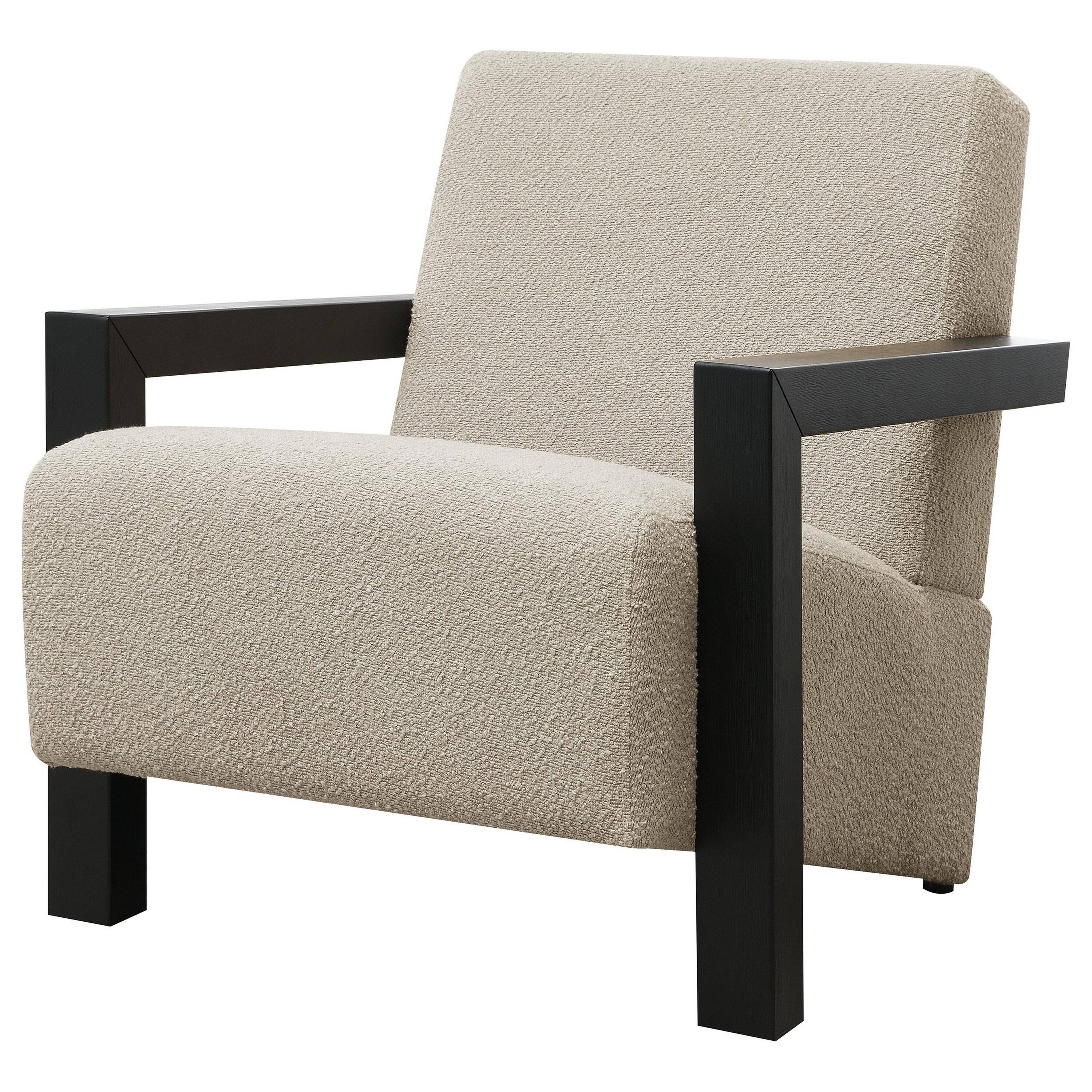 Left. Manhattan Lane - Fitz Accent Chair, Soft Latte  Boucle Cushions,  Wood Arms - Latte Beige, Black.
