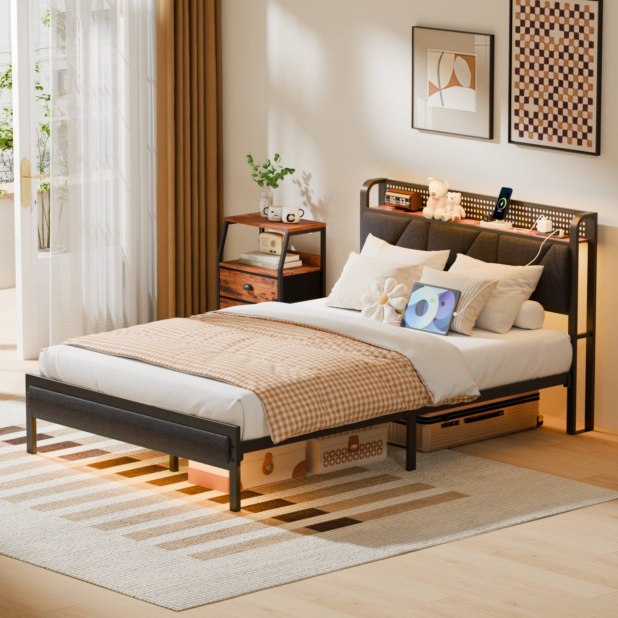 Alt View 2. Furnulem - Metal Storage Bed Frame with Upholstered Storage Headboard & Charging Station & LED - Brown.