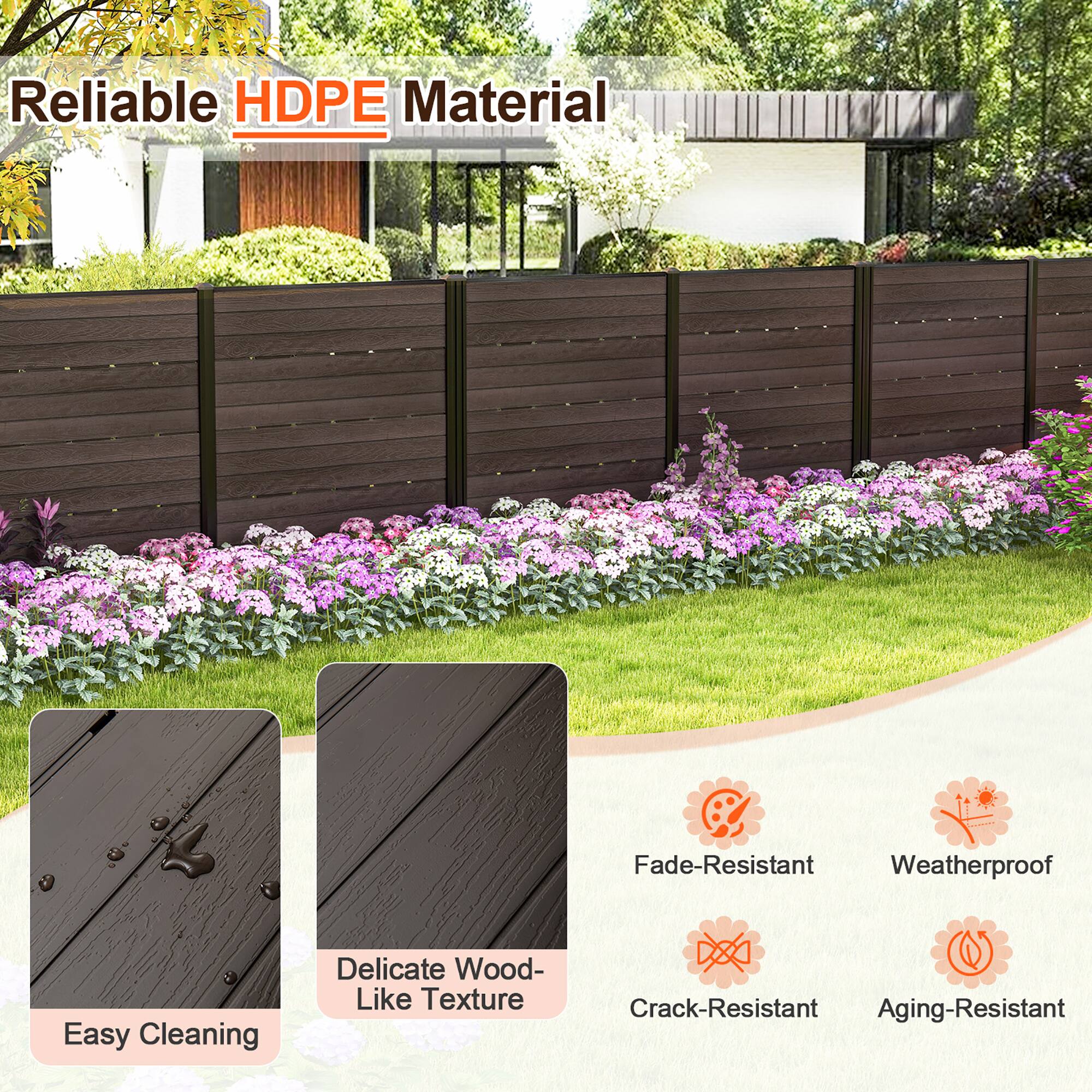 Reliable HDPE Material

- Fade-Resistant
- Weatherproof
- Easy Cleaning
- Delicate Wood-Like Texture
- Crack-Resistant
- Aging-Resistant