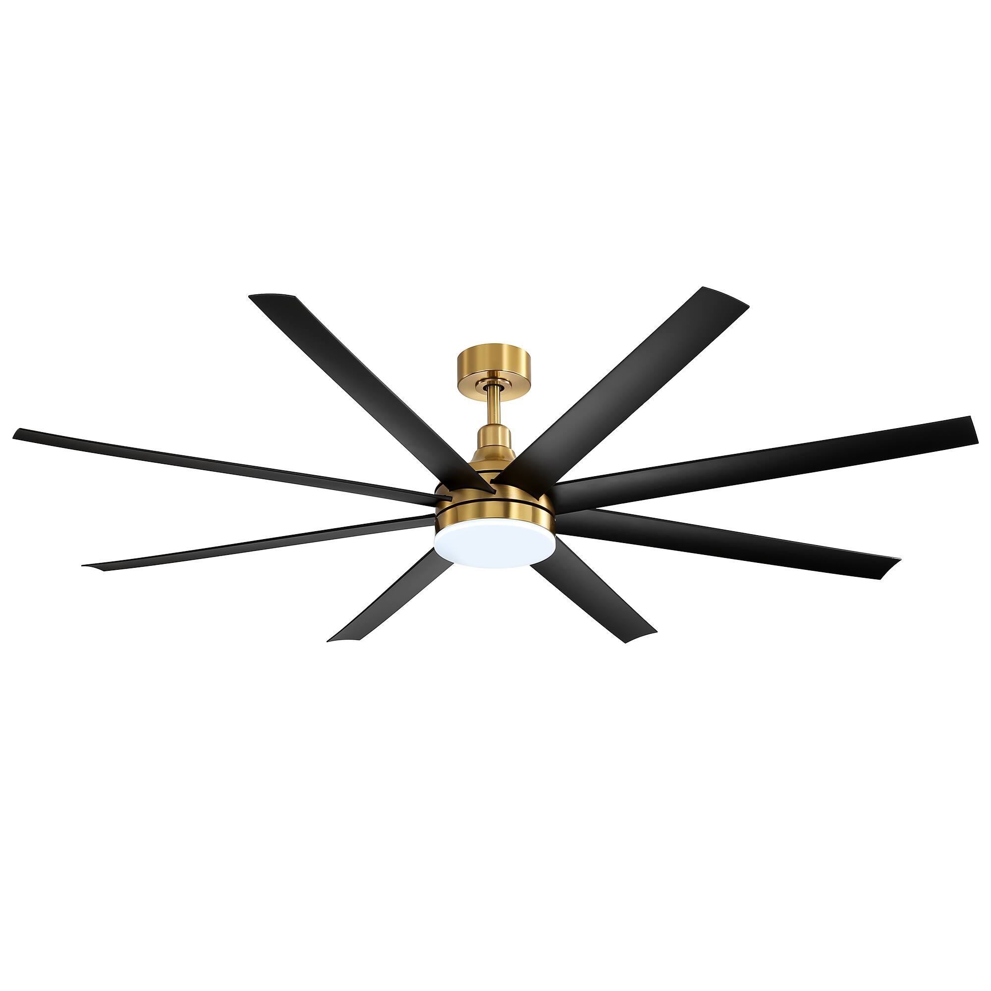 Angle. Breezary - 72" Large Indoor Ceiling Fan with Remote, 8 ABS Blades, 6-Speed DC Motor, Timer, 7''/12''Downrods, Light/No Light Option - Gold and Black (With Light).