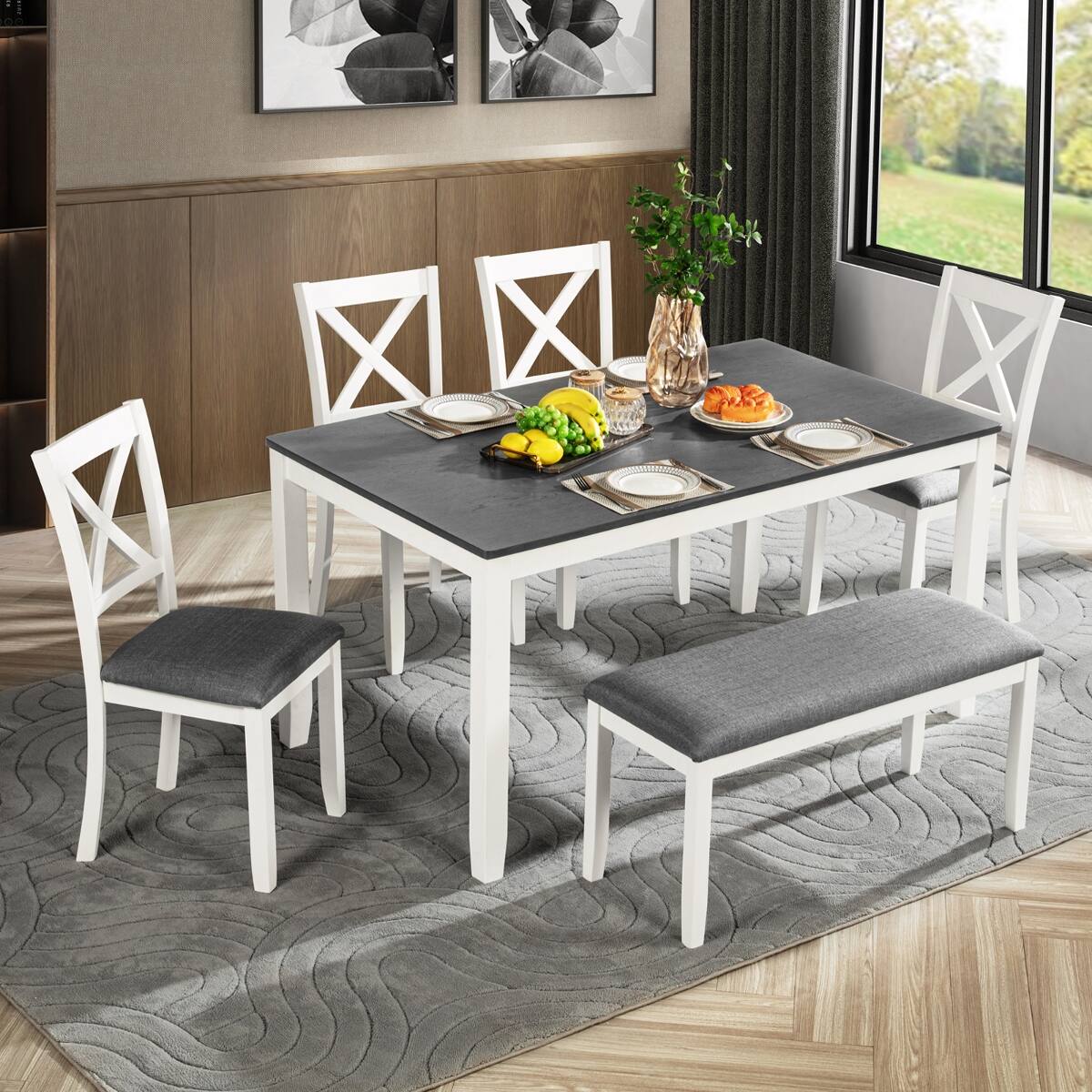 Front. Loheer - Loheer 6 Piece Dining Table Set with Bench, Gray and White Rectangular Set for Six - Gray and White two-tone.