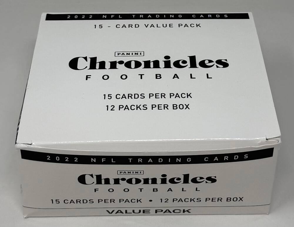 2022 NFL TRADING CARDS  
15 - CARD VALUE PACK  
PANINI Chronicles FOOTBALL  
15 CARDS PER PACK 12 PACKS PER BOX